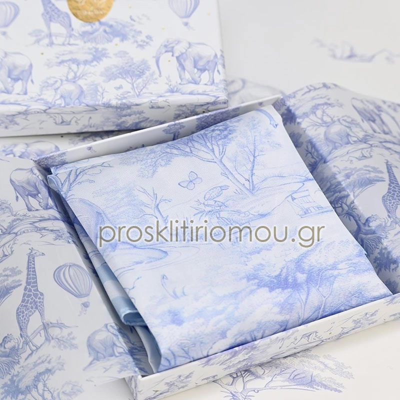 Μπομπονιέρα μαντήλι baby blue toile με ζωάκια